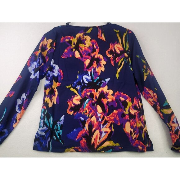 Three Eighty Two XS Navy Floral Long Sleeve Faux Wrap Blouse Vibrant Multicolor - Picture 2 of 9